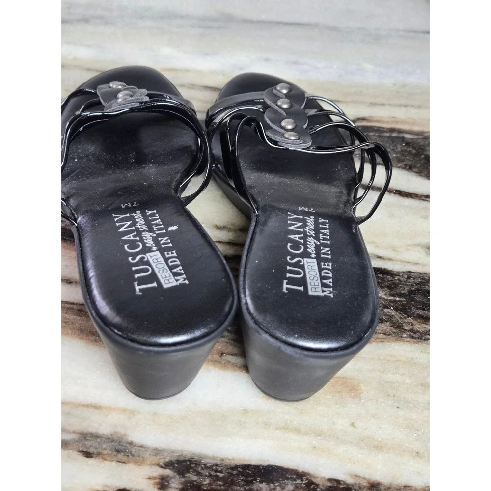 Tuscany by Easy Street Black Patent Wedge Sandals Made in‎ Italy Studded 7M